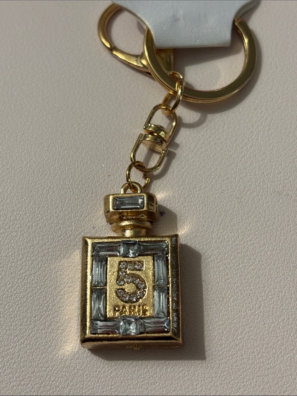 Gold Perfume Bottle Keychain Charm with Clear Rhinestones